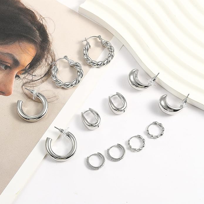 6 Pairs Gold Hoop Earrings for Women, 14K Gold Plated Chunky Huggie Hoop Earrings Set Hypoallergenic, Lightweight Twisted Open Hoops Jewelry for Christmas/Birthday Gifts.