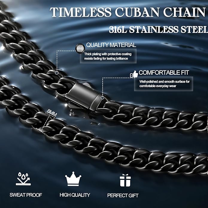 MUSECLOUD Gold Cuban Link Chain for Men Mens Stainless Steel Miami Curb Chains Necklace 5/8mm Thick Real Gold/Silver/Black Plated Diamond Cut Non-Tarnish Jewelry Trendy Christmas Gifts 18-26 Inch