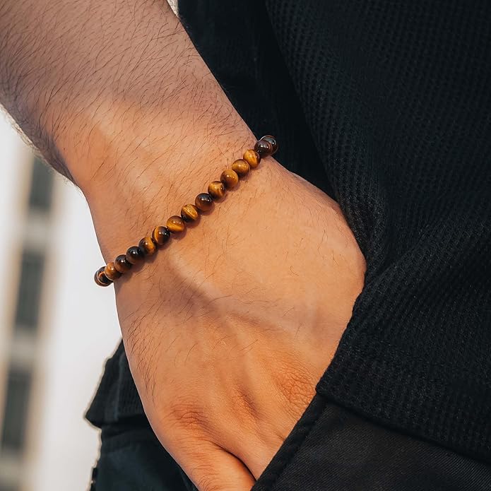 RTZN® Tigers Eye Bracelet for Men – Premium Artisan Handcrafted Golden Brown Tiger Eye Bead Bracelets – Natural Stone Tiger Eye Bracelet Men – Beaded Bracelets for Men