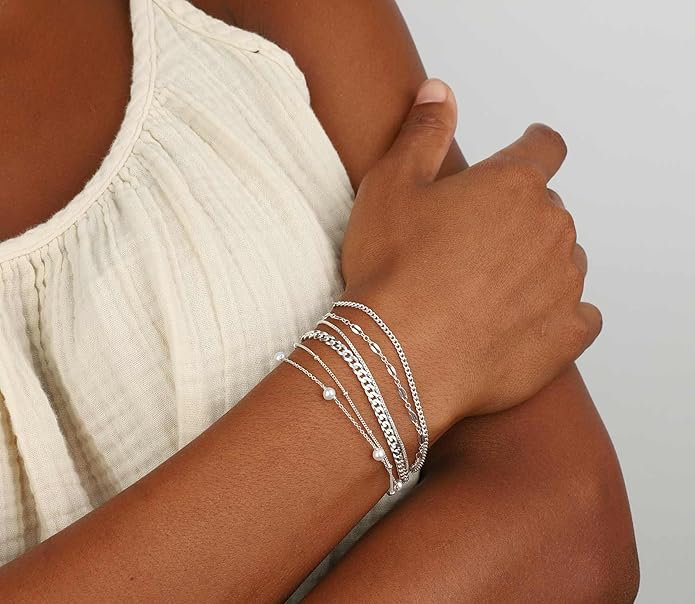 MBW 14K Silver Plated Bracelets for Women, Dainty Silver Bracelets for Women Set Bracelet Stack Waterproof Jewelry for Women Trendy Minimalist Simple Small Thin Bracelet Set for Women Teen Girls Gift