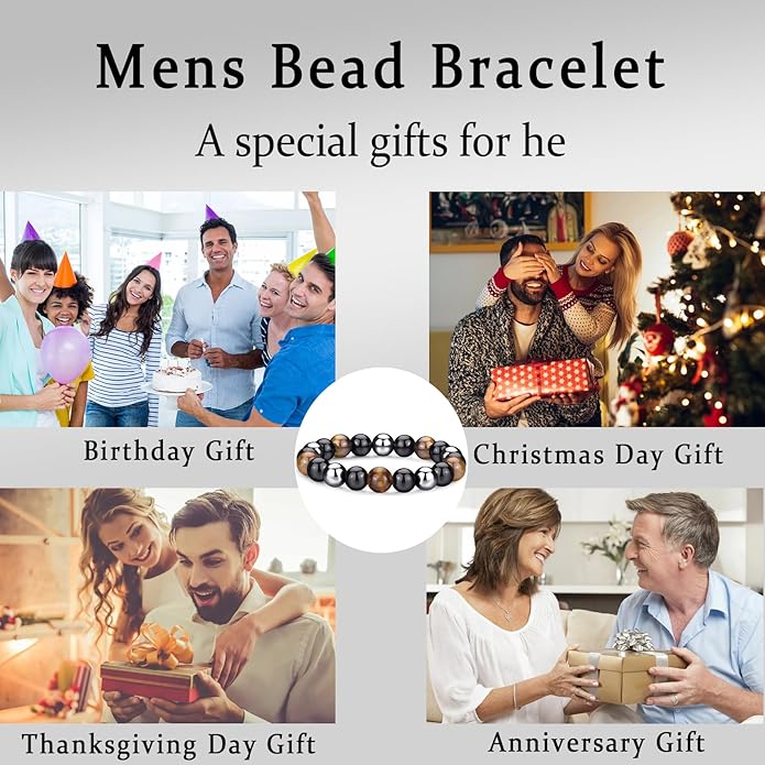 RANKEEF Mens Bead Bracelet Set - Adjustable Elastic Rope With 6&8MM Natural Stone Multi-Colored Beads - Tiger Eye Bracelets for Men - Gift