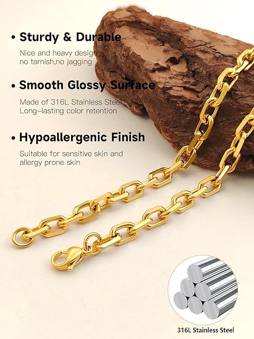 Hoyazvet Cable Chain Stainless Steel Necklace for Men Women, 3/5/8/10/13MM Width, 18K Gold Plated/Black Metal/316L Stainless Steel Sturdy Rolo Link Chain Necklace, 18-30inch Length