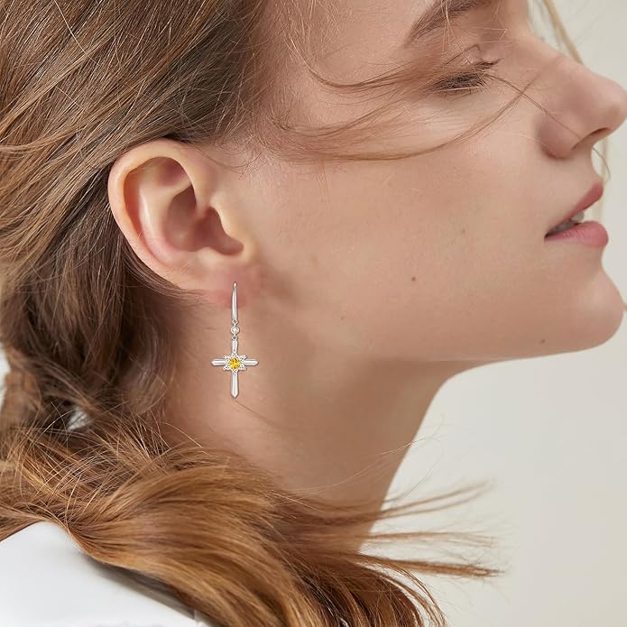 FANCIME Cross Dangle Drop Earrings 925 Sterling Silver Dainty Round Birthstone Earring Fine Jewelry Birthday Gifts for Her Women