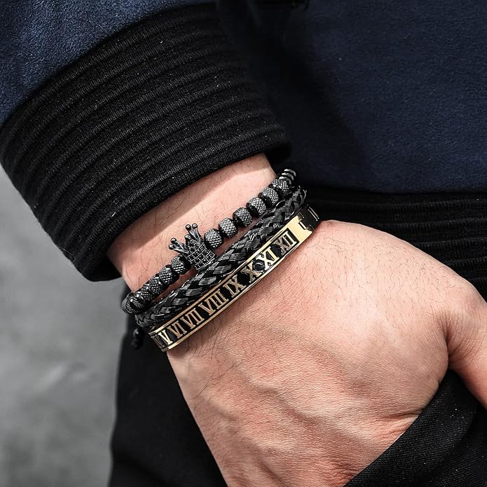 WFYOU 3PCS Stainless Steel Bracelets for Men Gold Roman Numeral Bangle Bracelet Twisted Cable Bracelet Adjustable Cuff Bracelet Mens Luxury Jewelry Bracelets Gifts