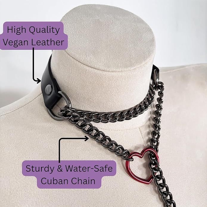 Handmade Black Heart Choker Collar For Women, Punk Gothic O-ring Slip Chain Necklace with Adjustable Vegan Leather Buckle