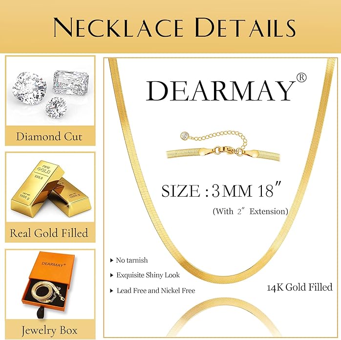 DEARMAY 14K Gold Plated Necklaces for Women, Dainty Gold Herringbone Choker Necklace Thin Layered Snake Chain Jewelry for Gifts