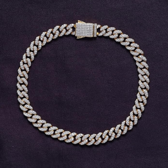 SAVEARTH DIAMONDS Round Lab Created Moissanite 6MM Width Cuban Chain Bracelet For Men In 14k Gold Plated 925 Sterling Silver (VVS1 Clarity, 2.70 Ct-3.00 Ct), Gift For Him