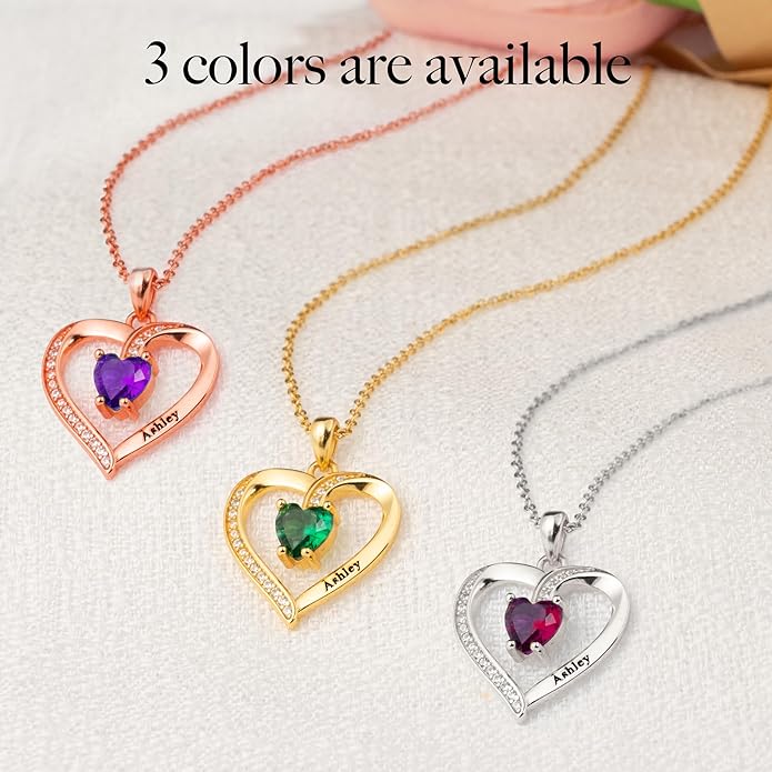Easycosy Custom Name Necklace with Simulated Birthstones Customized Promise Necklace Heart Pendant with Engraved 2-6 Names - Anniversary Birthday Christmas Jewelry Gifts for Women Wife Mom Grandma