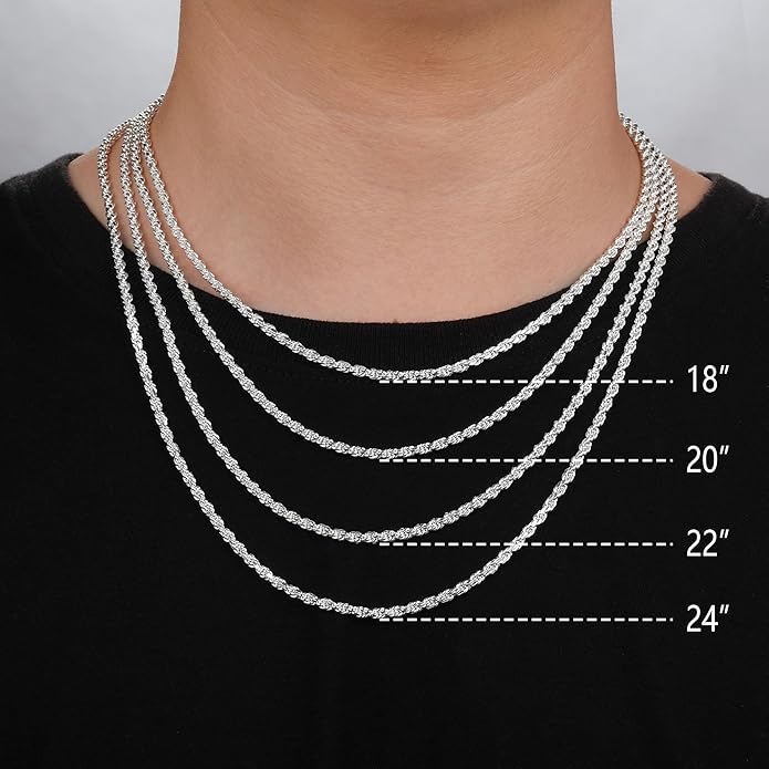 BRIJEWNES 925 Sterling Silver Clasp 2/2.5/3/4/5mm Silver Chain for Men Mens Necklace Rope Chain Necklace Diamond Cut Silver Mens Chain Necklace 16 18 20 22 24 26 28 30 Inches