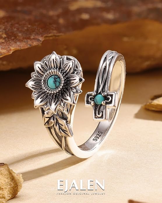 S925-Sterling-Silver Abalone Dragonfly-Turquoise Spoon Ring - Vintage Boho Sunflower Thumb Oxidized Wrap Rings Victorian Style Antique Floral Jewelry Gifts for Women