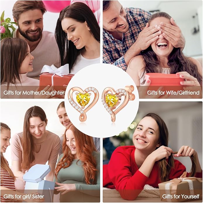 Earrings for Women, S925 Sterling Silver Rose Gold Birthstone Heart Studs Earring for Girlfriend Wife, Anniversary Birthday Christmas Valentines Mothers Day Gifts Jewelry for Women Wife Her Mom