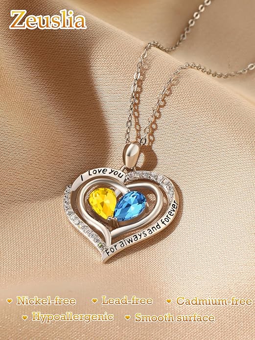 Zeuslia Double Birthstone Necklace Gifts for Wife - 925 Sterling Silver Sunflower/Rose/Crown Cross/Compass/Heart Pendant I Love You Necklace, Anniversary Birthday Gifts for Wife Girlfriend Mom Her