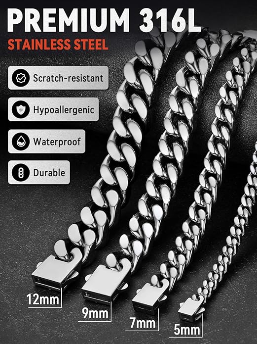 FaithHeart Mens Stainless Steel Cuban Link Bracelet - 5/7/9/12mm Width 7.5"/8.3"/9" Black/Silver/Gold Plated Heavy Duty Wrist Chain Bracelet Hip Hop Jewelry Birthday Gifts for Him