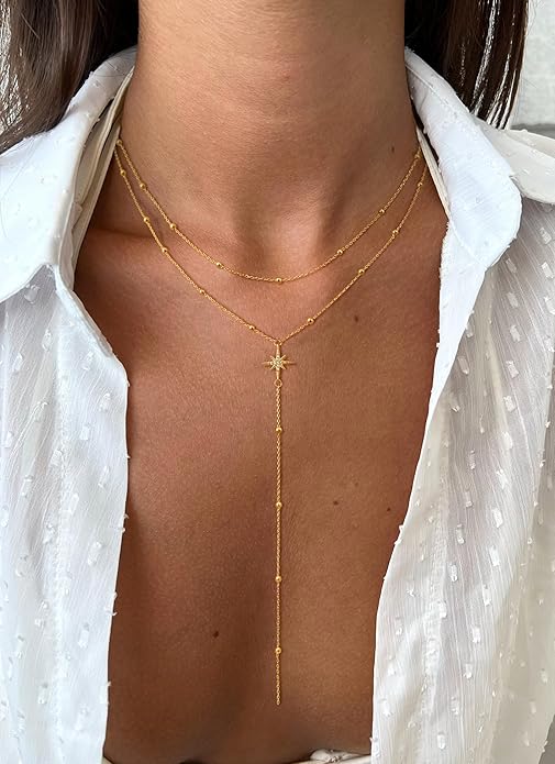 Lariat Necklaces for Women - Dainty Long Necklace Trendy 14K Gold Plated Hypoallergenic Layered Long Y-Shape Sunburst CZ T-Bar Pendant Drop Chain Necklace Set for Women Non Tarinsh Jewelry Gift