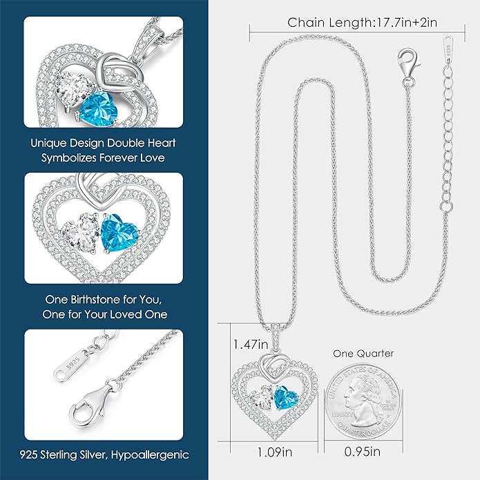 LOUISA SECRET Sparkling Double Heart Birthstone Necklaces for Women, 925 Sterling Silver Fine Jewelry, Pendant Heart Necklaces Birthday Anniversary Christmas Gift for Women Wife Mom Girlfriend Lady