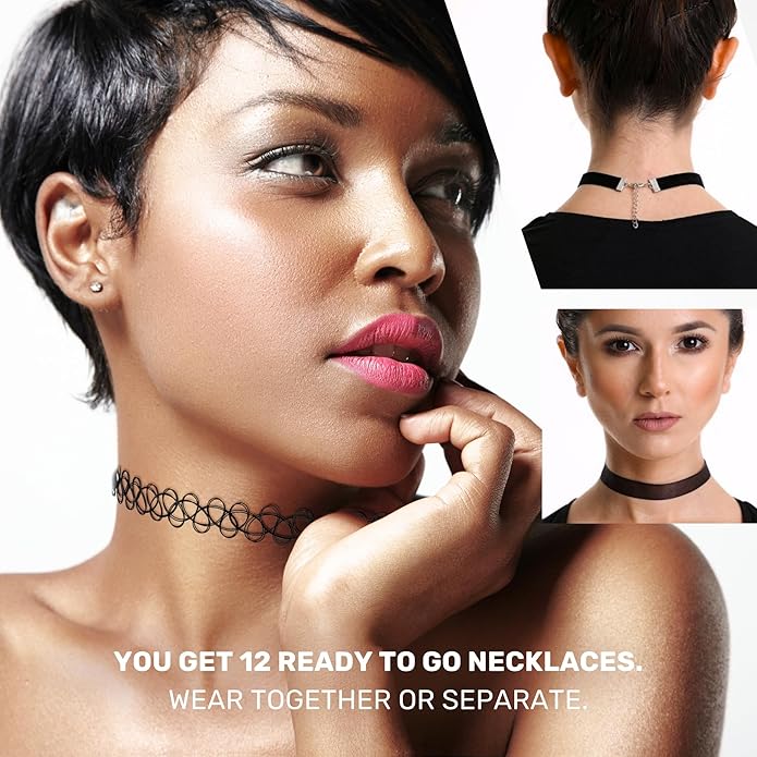 BodyJ4You 12PC Tattoo Choker Necklace - 90s Accessories 2000s Jewelry Y2K Fashion Vintage Trendy - Rainbow Goth Black Pink Green Blue White - Adjustable Stretchy Elastic Necklace Summer Vacation Set
