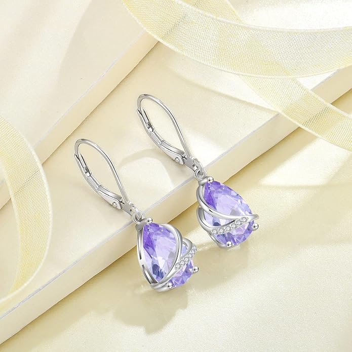 Birthstone Dangle Drop Earrings for Women 925 Sterling Silver Teardrop Leverback Earrings Jewelry Gifts for Wife Mother Her