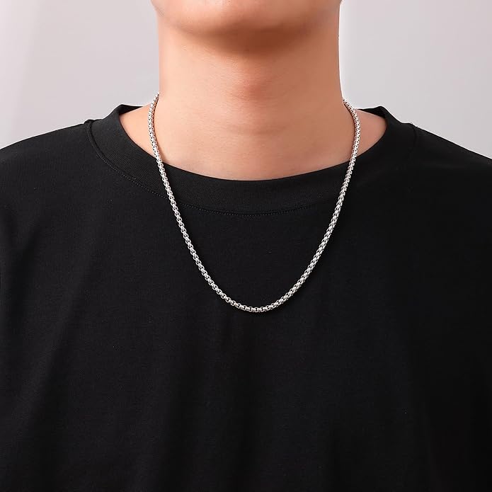 Fiusem Box Chain for Men, Silver Tone/14K Gold Plated/Black Stainless Steel Necklace for Men and Women, Width 2/2.5/3/4/5mm, Length 18-28 Inches