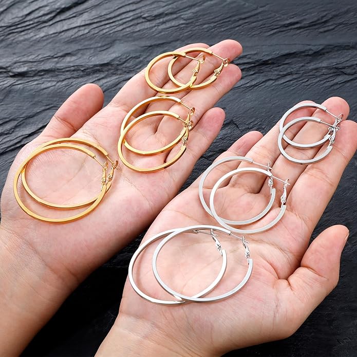 Gold Silver Plated Hoop Earrings for Women Hypoallergenic Stainless Steel Gold Hoops Earrings Lightweight Large Small Hoop Earrings Set