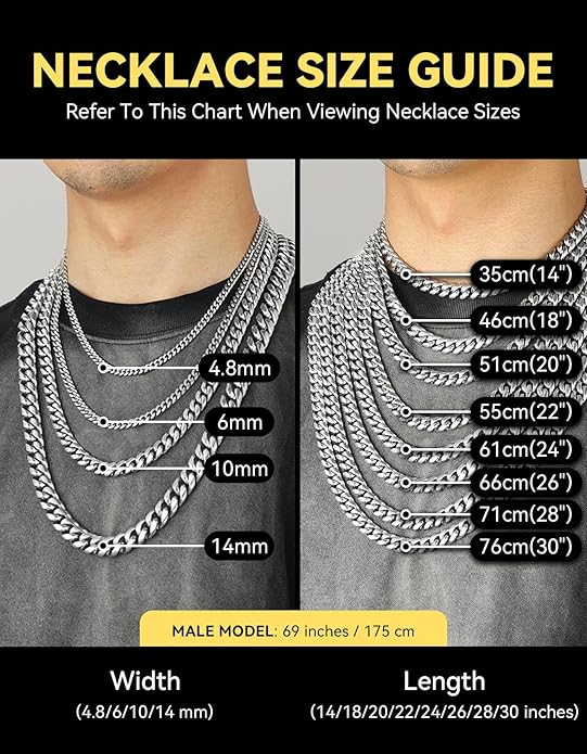 ChainsHouse Miami Cuban Link Chain Necklace for Men, 4.8mm/6mm/10mm/14mm Width, 14K Gold Plated/Stainless Steel/Black Mens Chunky Hip Hop Necklace Curb Chains, 14"-30" Length, Come Gift Box