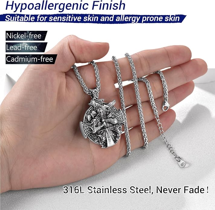 PROSTEEL Norse Viking Jewelry for Men Women, Vintage Thor Hammer/Thor Axe/Raven/Odin Necklace, 316L Stainless Steel Pendant Chain, Come with Box