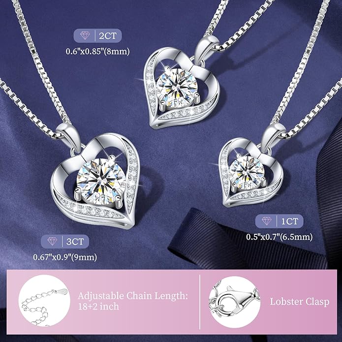 Moissanite Heart Necklaces for Women, 18K White Gold Plated 925 Sterling Silver 1-3CT Moissanite Pendant Jewelry Wedding Anniversary Birthday Christmas Gifts for Wife Mom Girlfriend Sister Grandma
