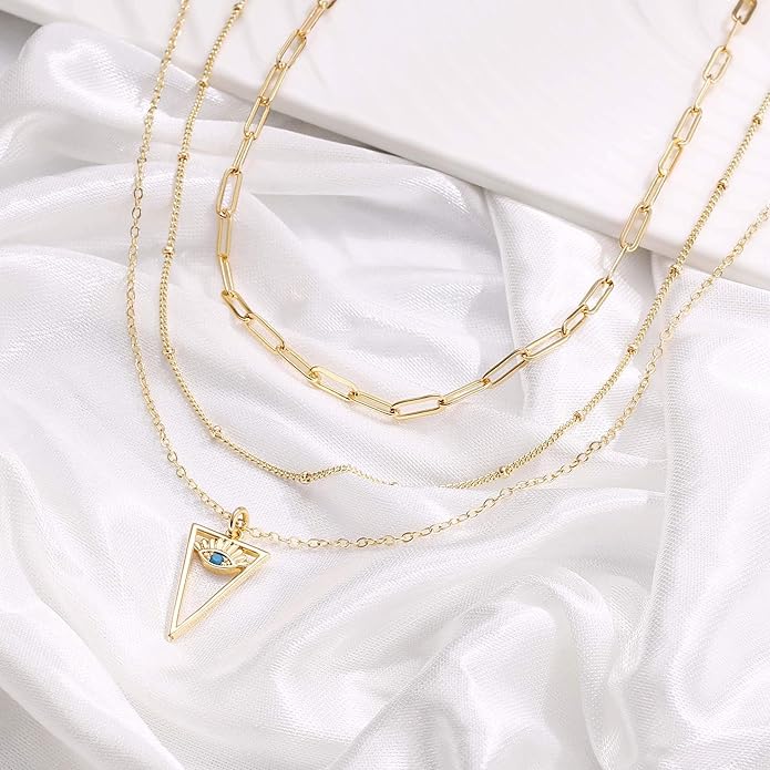 Turandoss Dainty Layered Choker Necklace, Handmade Y Pendant Necklace Multilayer Bar Disc Necklace Adjustable Layering Choker Necklaces for Women