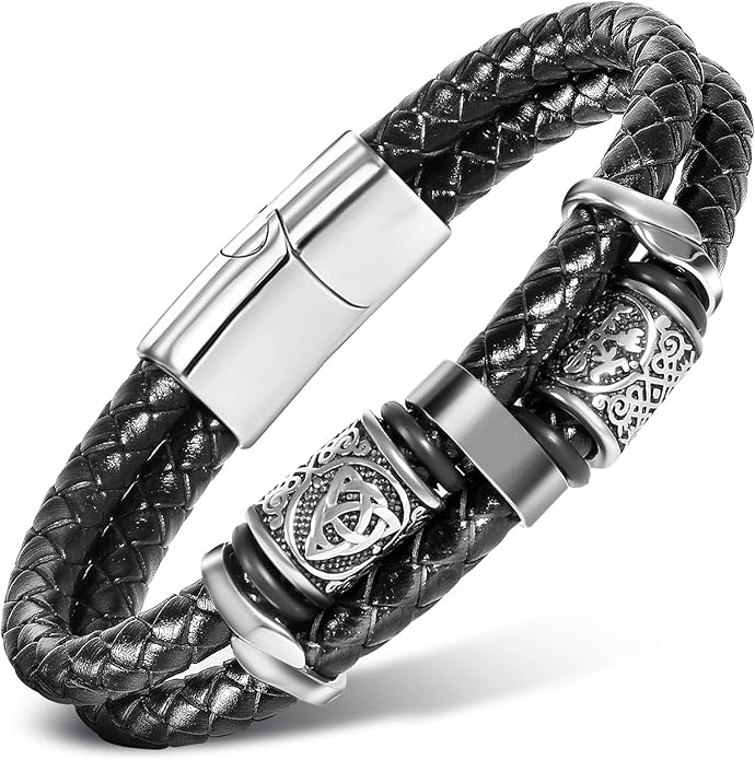 Viking Leather Bracelet For Men Balck Cool Handmade Stackable Jewelry, Faith and Courage Bangle Bracelets