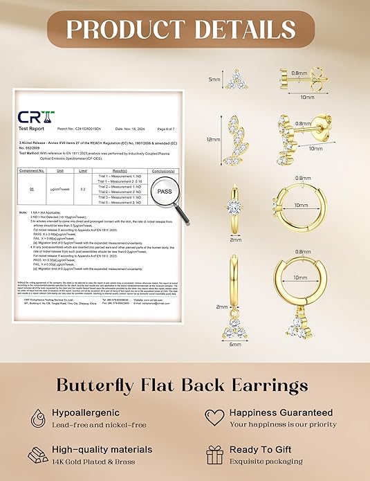 Florideco 925 Sterling Silver Earrings for Women Trendy Hypoallergenic Small Gold Hoop Earrings 14K Gold Plated Stud Earring Sets for Multiple Piercing CZ Ear Cuff Cartilage Earring Stacks