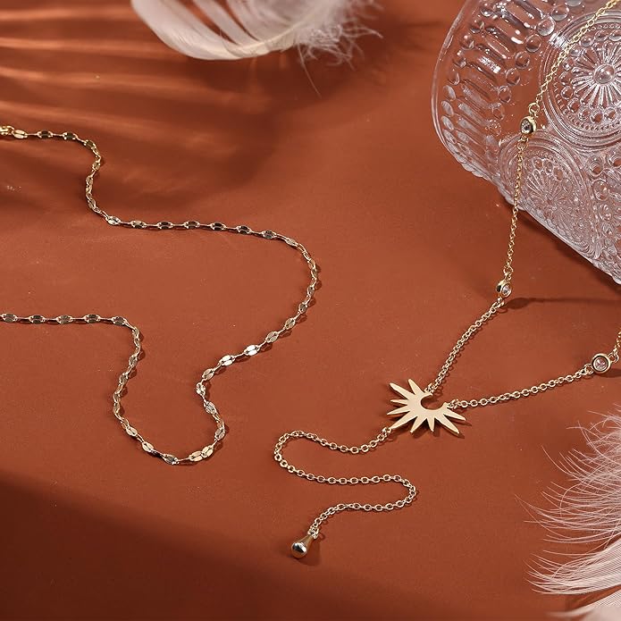 Dochais Dainty Gold Layered Necklace for Women, 14K Gold Plated Y Necklace & Chain, Dainty Lariat Long Necklaces, Trendy Cubic Zirconia Choker, Sun, Heart, Pearl & Cross Pendant Necklace, Jewelry Gift