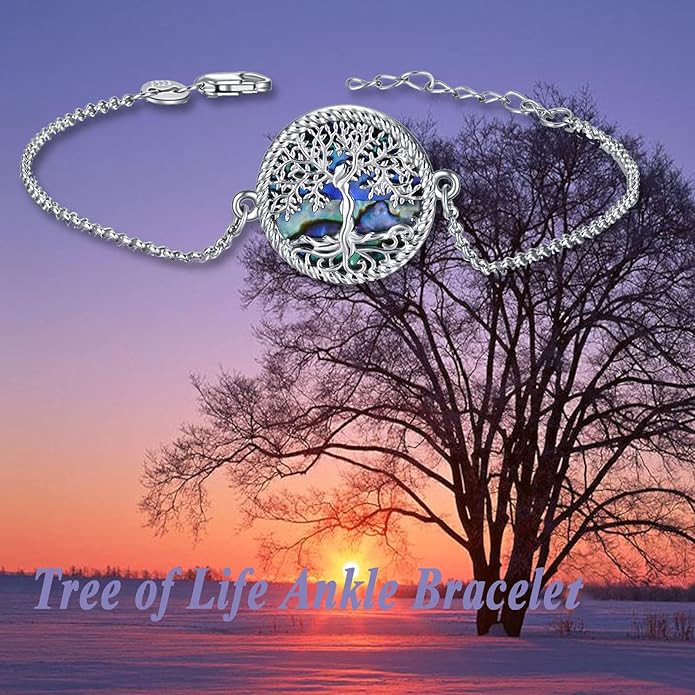 ONEFINITY Tree of Life Anklet Sterling Silver Abalone Shell/Blue Opal/Crystal Tree of Life Ankle Bracelet Tree Jewelry for Women Girls Gifts