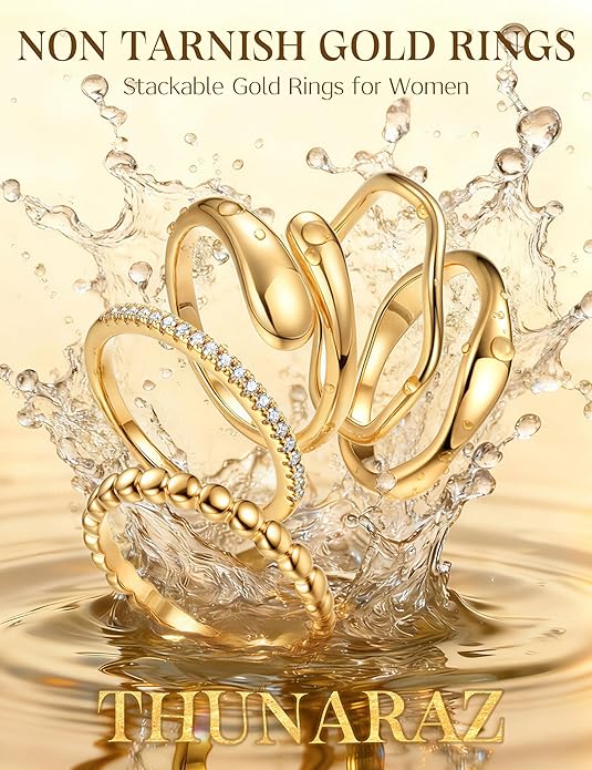 THUNARAZ 14K Gold Plated Rings for Women Non Tarnish Stackable Chunky Rings Cubic Zirconia Thumb Ring Set Dainty Trendy Statement Promise Wedding Bands Engagement Ring for Women Size 6-10