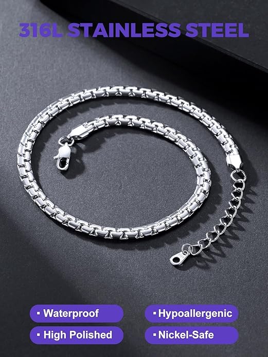 Richsteel Stainless Steel Mens Flat Link Chain Necklace, Black/Gold/Steel Chain for men, 2mm/4mm/6mm Width, No Tarnish & Hypoallergenic Hip Hop Jewelry, 18"-30" Length