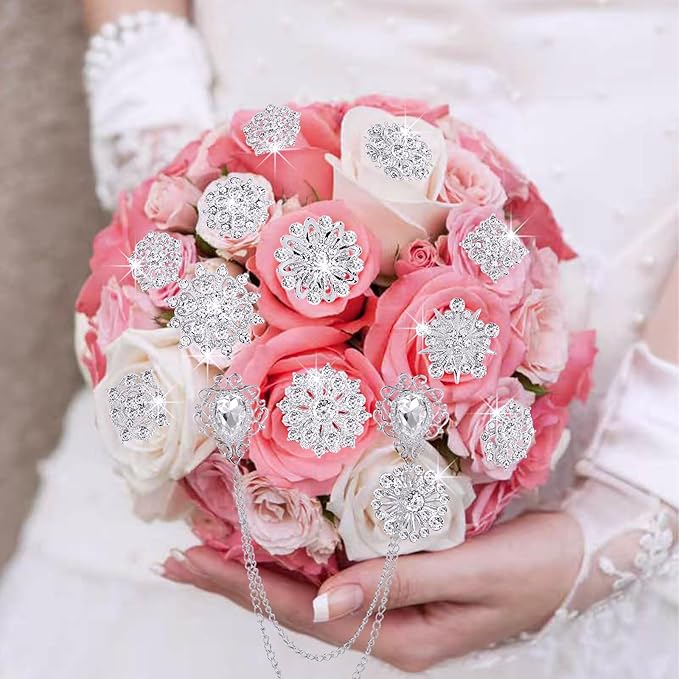 Yhsheen Silver Rhinestone Brooches Pin Kits Crystal Pearl Brooches for Bouquets for Wedding Decoration Accessories Jewelry Making Crafts(Sliver-14PCS)-B