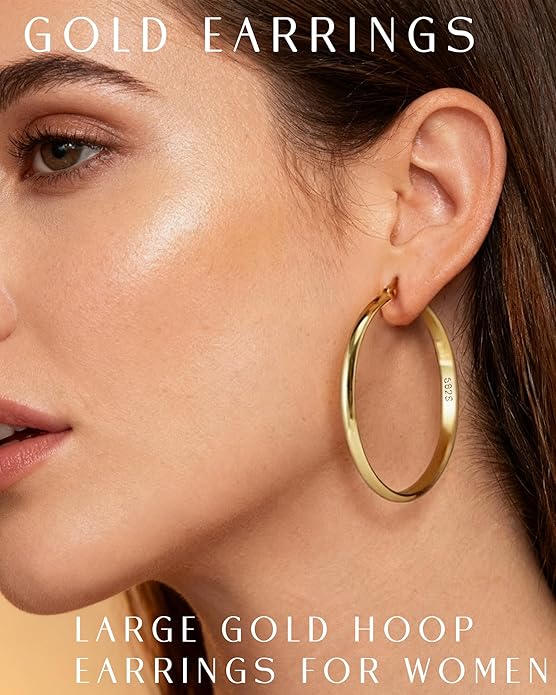 EXGOX 5mm Wide Gold Hoop Earrings for Women,Sterling Silver Hoop Earrings Large Silver Hoop Earrings Hypoallergenic Lightweight 14K Real Gold Plated Big Hoop Earrings for Women 30/40/50/60/70mm