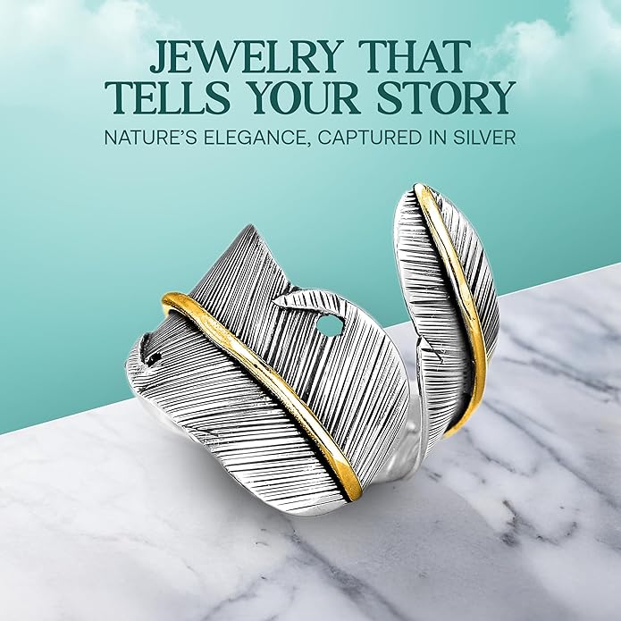 Boho-Magic 925 Sterling Silver and Brass Feather Ring for Women – Adjustable Nature-Inspired Leaf Wrap, Handmade Two-Tone Wide Band Statement Ring – Fits Sizes 7 to 10 – Modern Jewelry