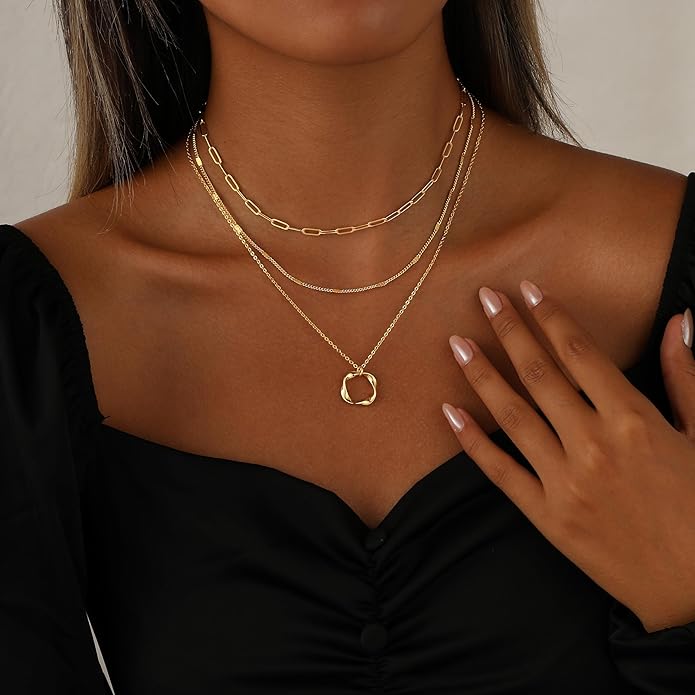 Layered Necklaces for Women 14K Gold Plated Stack Circle Pendant Trendy Long Chain Stackable Handmade Coin Necklace Set Dainty Gold Stacked Jewelry Gifts
