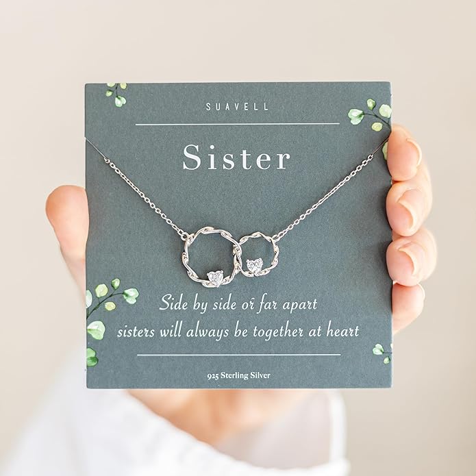 Suavell Sister Necklace - Sterling Silver Interlocking Double Circle Necklace - Birthday Gift for Sister - Maid of Honor Gift