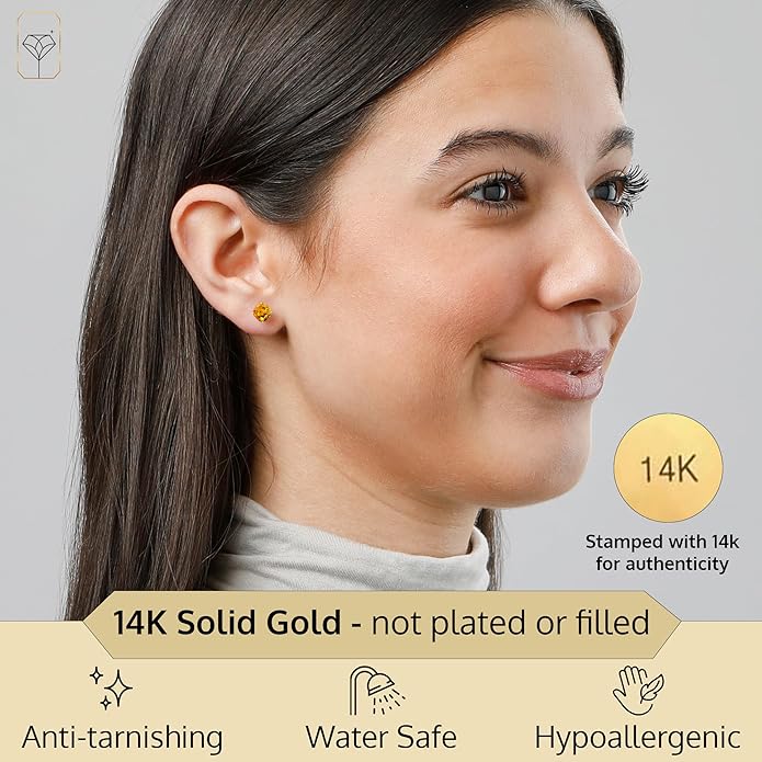 14k Gold 6MM Cushion Cut Stud Gemstone Earrings | Hypoallergenic Solitaire Gemstone Studs with 14K Gold Backs | Lightweight Birthstone Earrings with Gift Box by MAX + STONE