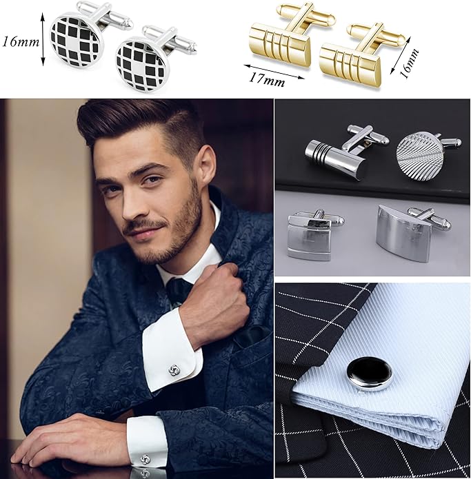 FIRAZIO 12 Pairs Cufflinks for Men Classic Tone Cuff Links Silver Black Striped Disc Square Rectangle Cuff Links Shirt Suit Men’s Cufflinks For Wedding Groom Business Elegant Gift