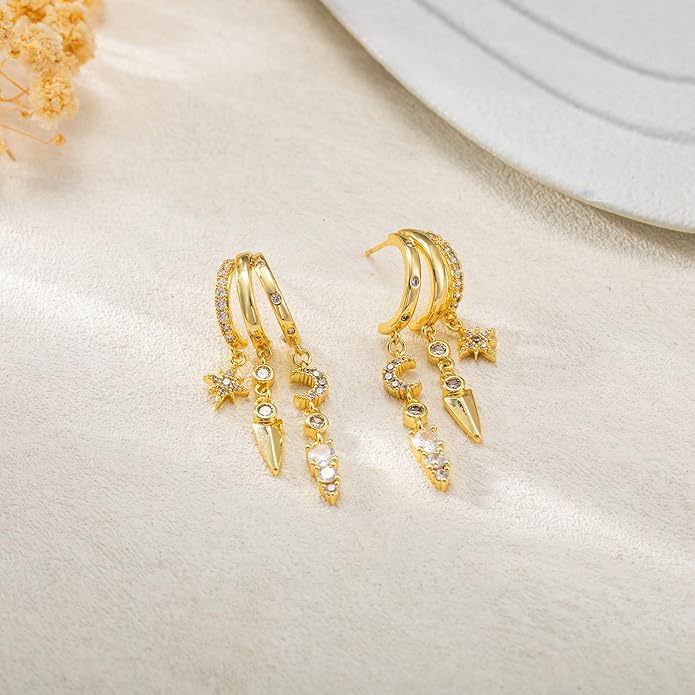 Dangle Earrings for Women,14k Gold Plated Triple Huggie Stud Earrings Dainty Drop Earrings for Women Trendy Gold Statement CZ Long Chain Earrings Non Tarnish Jewelry