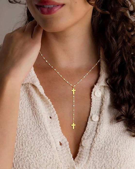 Ursteel Dainty Lariat Necklace for Women, 14K Gold Plated Y-Shaped Long Necklace Layered Drop Necklaces Pearl Cross Clover CZ Charm Necklaces for Women Christmas Jewelry Gifts Stocking Stuffers