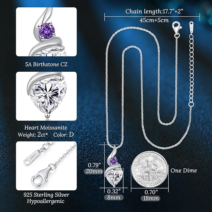 Moissanite Heart Pendant Necklaces for Women, 925 Sterling Silver Necklace with Birthstone, Ideal Anniversary Present or Birthday Christmas Valentine Mothers Day Jewelry Gifts for Mom Wife Her Girlfriend
