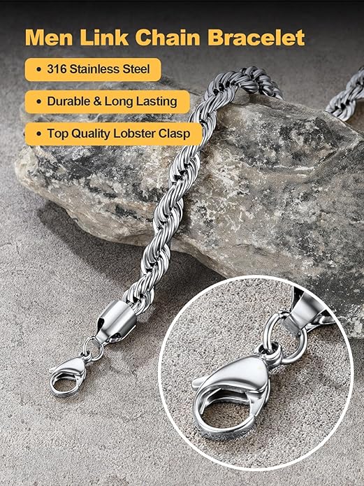 U7 Link Bracelets for Men, Cuban Link/Rope/Watch Band Solid Bracelet, Silver Black Gold Color Wrist Bracelet 3/6/9/12/15mm Width, 6.5/7.5/8.3 Inch Length, Hand Chain Jewelry for Mens Women