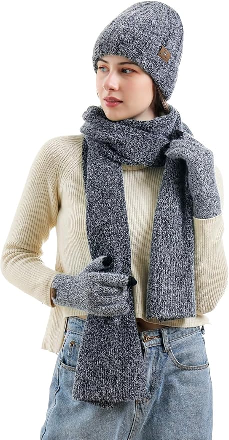 Womens Winter Warm Knit Beanie Hat Touchscreen Gloves Long Neck Scarf Set with Fleece Lined Skull Caps Gifts for Women