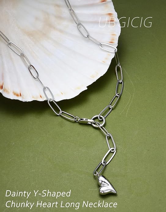 UBGICIG Honeycomb Layered Pendant Necklaces for Women Stackable, Dainty Y-Shaped Lariat Paperclip Pearl Heart Necklace, 16K Gold Silver Plated Long Necklaces Women's Trendy Drop Chain Necklace Jewelry