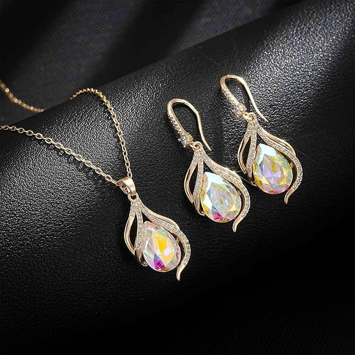 EVEVIC Austrian Crystals Teardrop Hollow Twisted Pendant Necklace Earrings for Women 14K Gold Plated Halo Drop Dangle Earrings Hypoallergenic Jewelry Set