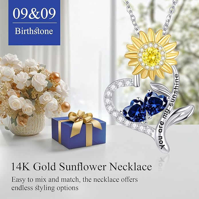 PERJI Valentine's Day Gifts for Women - 925 Sterling Silver Double Birthstone Sunflower Necklace, Anniversary Birthday Jewelry You are My Sunshine Gifts for Wife Couple Girlfriend 18"+2" Non Tarnish