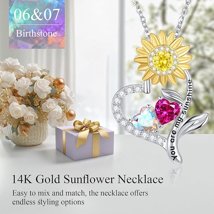 PERJI Valentine's Day Gifts for Women - 925 Sterling Silver Double Birthstone Sunflower Necklace, Anniversary Birthday Jewelry You are My Sunshine Gifts for Wife Couple Girlfriend 18"+2" Non Tarnish