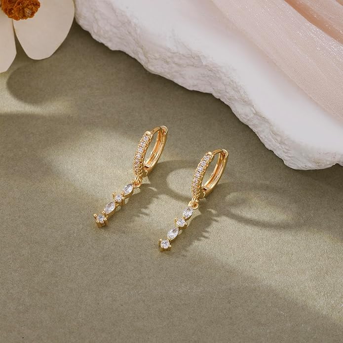 14K Gold Plated Dangle Earrings for Women - Dainty, Trendy, Hypoallergenic CZ Drop Earrings - Simple Long Dangling Jewelry
